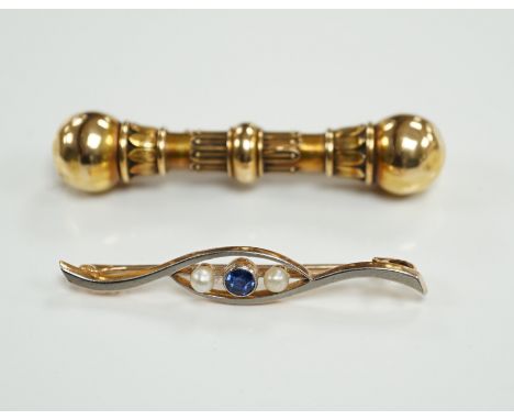 A Victorian yellow metal 'dumbbell' bar brooch, with engraved inscription dated 1862, 56mm and a later 15ct, sapphire and see