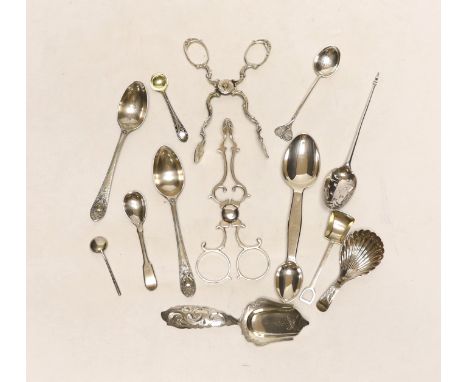 A small quantity of assorted silver flatware etc. including spoons, caddy spoon, condiment spoons, 18th century mote spoon an