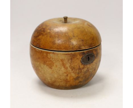 An early 19th century fruitwood tea caddy in the form of an apple, 12cm***CONDITION REPORT***PLEASE NOTE:- Prospective buyers