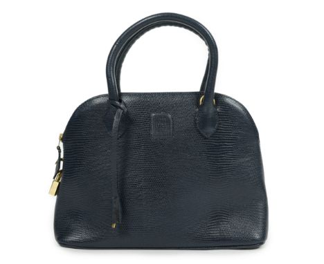 A Daks London blue faux lizard effect leather handbag with detachable shoulder strap, with padlock and key, gold-tone metalwa