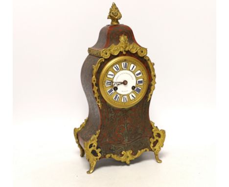 A late 19th century red boulle work tortoiseshell mantel clock, white enamel dial and numerals, Aubert Klaftenberger Geneva, 