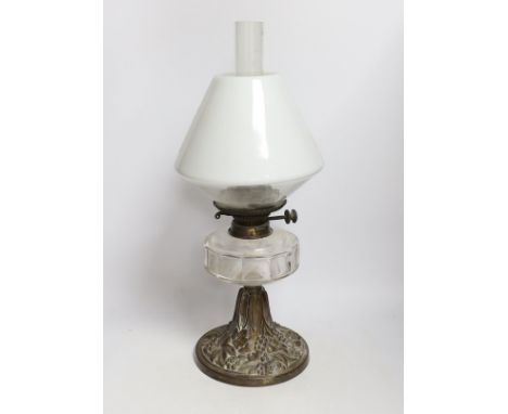 A Victorian brass stemmed oil lamp, with white glass shade, 54cm high including funnel***CONDITION REPORT***PLEASE NOTE:- Pro