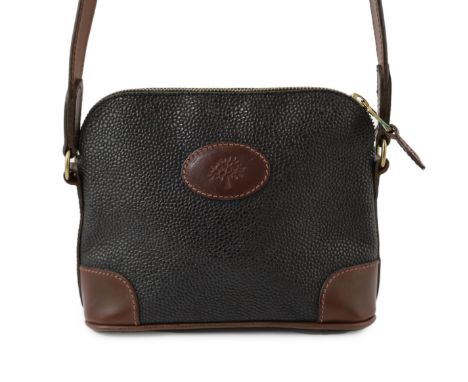 A Mulberry crossbody bag, pebble grained black leather with brown leather corner reinforcement contrasts and long brown cross