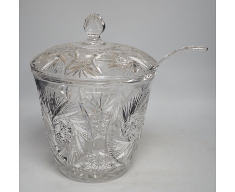 A large and heavy slice-cut lead crystal punch jar and cover, together with a ladle, 33cm***CONDITION REPORT***PLEASE NOTE:- 
