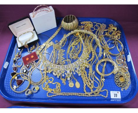 Assorted Gilt Metal Costume Jewellery, including bangles, necklaces, chains, earrings, Pierre Cardin gate link style bracelet