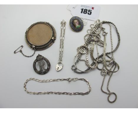 A Circular Locket Brooch, stamped "Sterling Silver"; together with chain bracelets including "925", a vintage oval miniature 