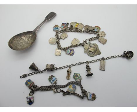 A Hallmarked Silver Caddy Spoon, of floral design, and initialled to handle, together with three charm style bracelets, of va