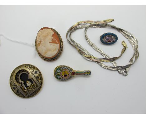 An Oval Shell Carved Cameo Brooch, depicting female profile, together with micromosaic brooches, a vintage gilt metal and ena