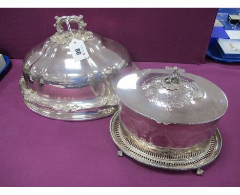 An Oval Plated on Copper Meat Dome, with acanthus leaf scroll handle and border, crested, base rim 31.7cm wide; together with