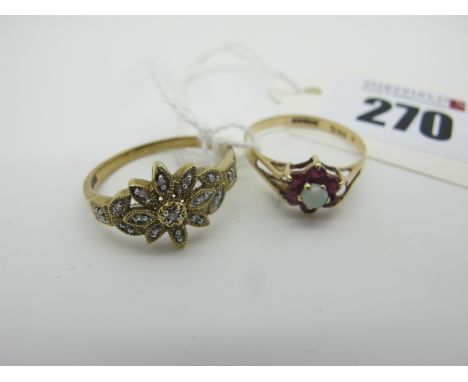 A 9ct Gold Dress Ring, of flowerhead design, with allover inset highlights (finger size R), another similar 9ct gold cluster 