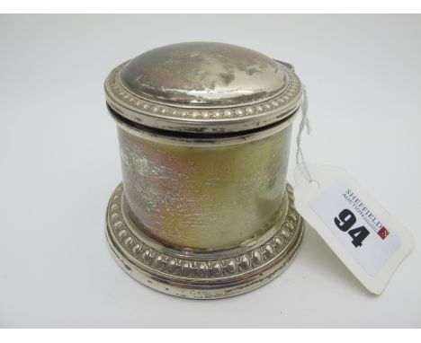 A Hallmarked Silver Drum Inkwell, of plain cylindrical form, with hinged lid (ceramic lined / base weighted), 6cm high.  