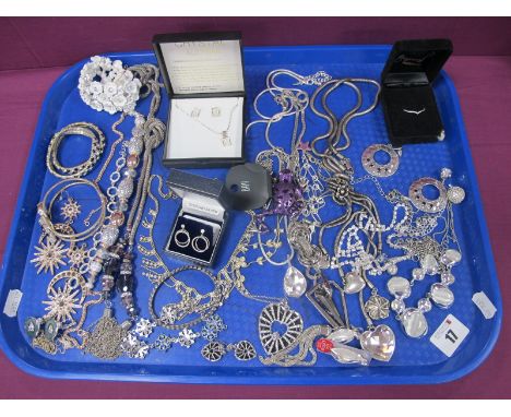 Assorted Modern Costume Jewellery, including diamanté, necklaces, bracelets, earrings, purple enamel frog pendant, earrings e