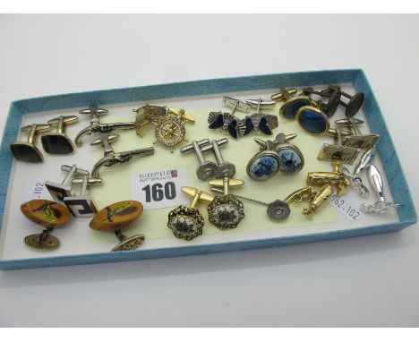 Vintage and Later Cufflinks, including Delft blue and white, blue/brown tiger's eye, hand painted, pistol, ship's wheel, golf