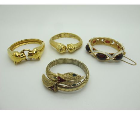 Trifari; A Hinged Bangle, with oval cabochon detail and white enamel; A Trifari Gilt Metal Serpent Bangle, with inset detail;