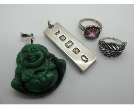 A Hallmarked Silver Ingot Pendant, a Pandora ring, of openwork design, stamped "S925" Ale 50" (finger size K), another ring, 
