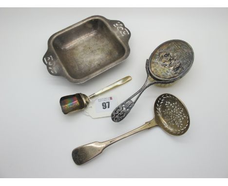 A Hallmarked Silver and Mother of Pearl Shovel Caddy Spoon, Birmingham 1809(?); together with a hallmarked silver fiddle patt