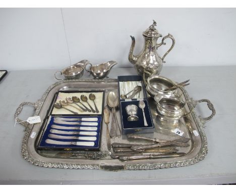 A Large Plated Twin Handled Tray, (damaged) plated tea ware, hallmarked silver and other salt spoons, figural letter opener, 