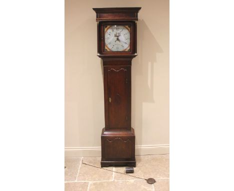 A George III oak and mahogany crossbanded thirty hour longcase clock signed Farr, Bromyard, the flat top hood with fluted pil