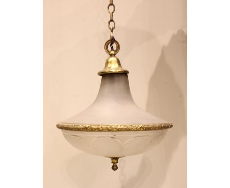 A frosted glass pendant light fitting, early to mid 20th century, the shade of domed and trumpet form, applied with a cast gi