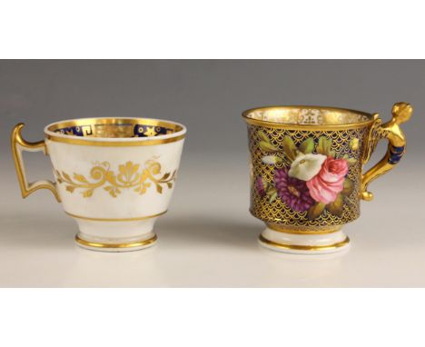 A Spode porcelain coffee cup, early 19th century, the London shape cup with winged figural handle, the body finely enamelled 