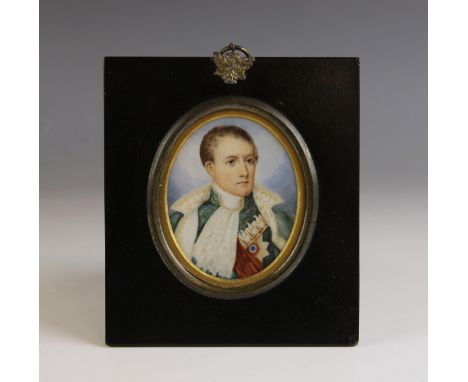 French School (19th century), An oval bust length portrait miniature depicting a military officer in dress uniform, possibly 