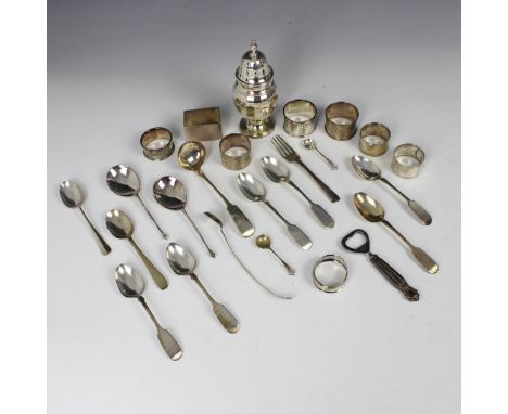A selection of silver, including a George V silver sugar caster, William Neale, Birmingham 1929, the pierced cover above face