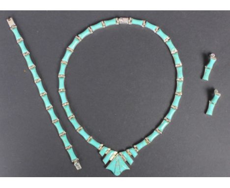 A suite of Mexican white metal turquoise matrix jewellery, comprising collar style necklace, earrings and bracelet, the neckl