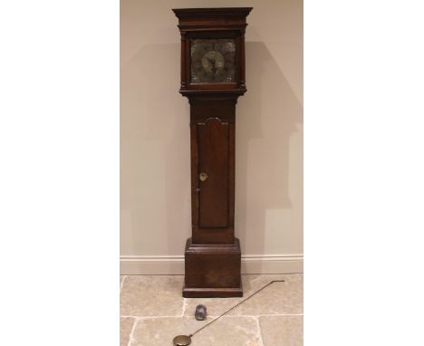 A mid 18th century oak cased thirty hour longcase clock, signed J A Hendrie, Wigton, the flat top hood with freestanding pill