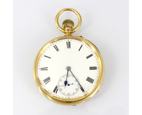 An early 20th century 18ct yellow gold open faced pocket watch, the white enamel circular dial with roman numerals and subsid