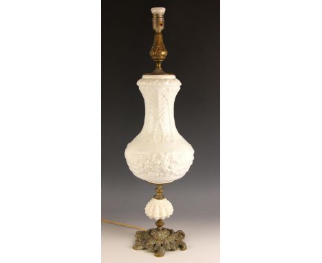 A gilt metal mounted white glazed table lamp base of large proportions, 20th century, the glazed body of gourd form, set to a