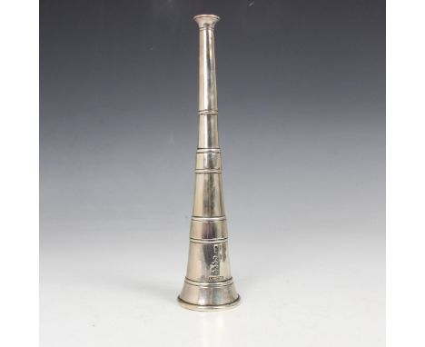 A Victorian silver hunting horn, indistinct makers mark, London 1888, of typical form tapering form, stamped ‘Callow’ 4ozt