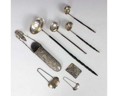 A selection of silver mounted items, including a George III silver toddy ladle, ‘WK’ London 1830, of typical form, 17cm long,