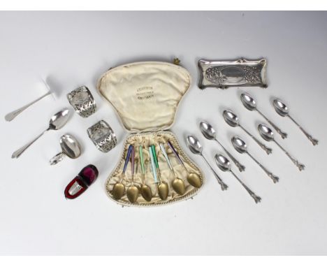 A selection of silver, including a cased set of silver gilt and enamel Norwegian teaspoons, stamped to reverse, a pair of Geo