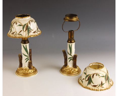 A pair of Victorian Wileman Foley (pre-Shelley) 'Fola' candle lamps, late 19th century, each modelled as naturalistic bamboo 