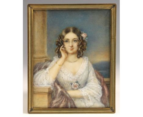 English School (19th century), A portrait miniature depicting a half-length portrait of a seated lady in white silk dress wit