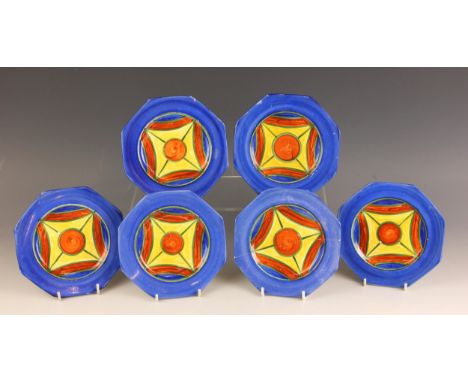 Six early Clarice Cliff Original Bizarre octagonal side plates, probably circa 1925, each hand-painted over glaze with a geom