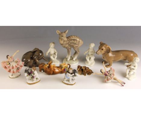 A selection of British and Continental porcelain, to include a Bing &amp; Grondahl porcelain deer, model no.19129, a Copenhag