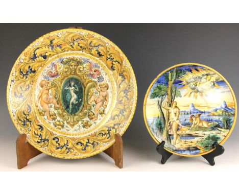 An Italian maiolica Urbino style 'Istoriato' shallow bowl of large proportions, late 19th or early 20th century, the well pol