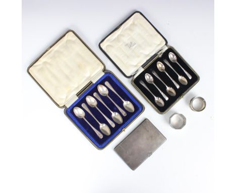 A selection of silver items, including a George V silver cigarette case, 'B&amp;Co' Birmingham 1929, of rectangular form with