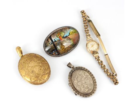 A selection of jewellery, including a 9ct cased ladies Accurist wristwatch, upon gold plated bracelet, with a Victorian style