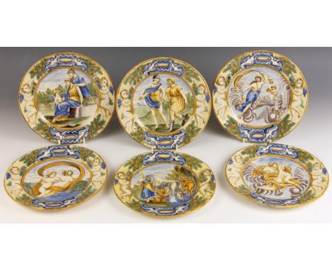 Six Italian maiolica Urbino style 'Istoriato' side plates, 19th Century, each polychrome painted with a classical scene withi