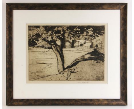 Sir Frank Brangwyn RA RSW RBA (British, 1867-1956),A river bank in Paris,Etching on paper,Signed in pencil to lower margin,30