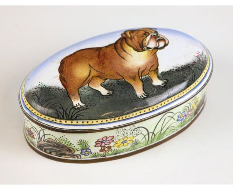 An enamel oval trinket box and cover, late 20th century, the cover decorated with a bulldog, 11.5cm wide