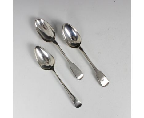 A group of three table spoons, including a George III silver Old English pattern example, George Wintle, London 1800, of typi