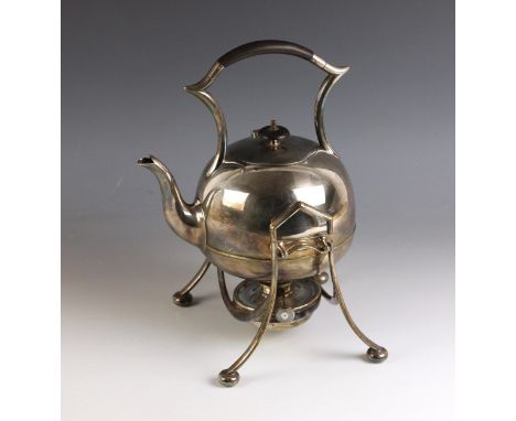 A silver plated spirit kettle in the manner of Christopher Dresser, by Fenton Brothers Ltd, stamped '3098' and 'EPNS', with s