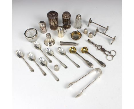 A selection of silver and silver coloured items, including a George III silver pepper pot, London 1813, of cylindrical form u