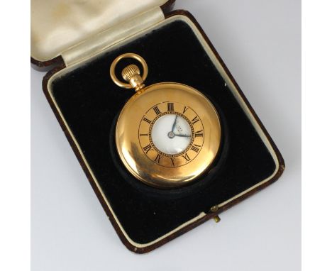 An early 20th century 9ct ‘JW Benson’ half hunter pocket watch, the circular white enamel dial with Roman numerals with subsi