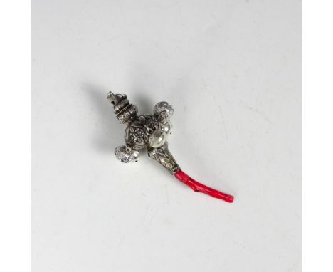 A Victorian silver mounted babies rattle, George Unite, Birmingham possibly 1887, with whistle to top, rattles and coral colo