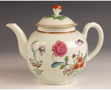 A Worcester porcelain teapot and cover, circa 1780, of globular form and polychrome painted with floral sprays beneath a gilt