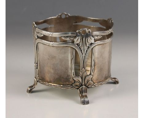 A WMF Jugendstil silver plated cache pot, early 20th century circa 1903, the pierced body formed of plain polished panels wit